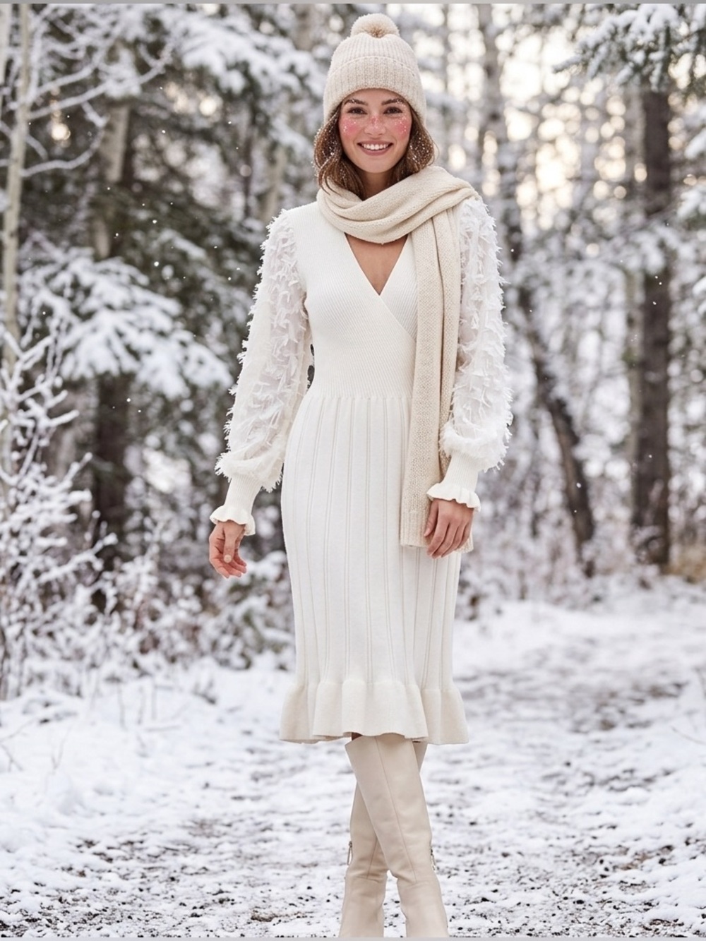 SBetro Cream Wrap Sweater Dress with Bishop sleeves, size medium, ribbed ruffle